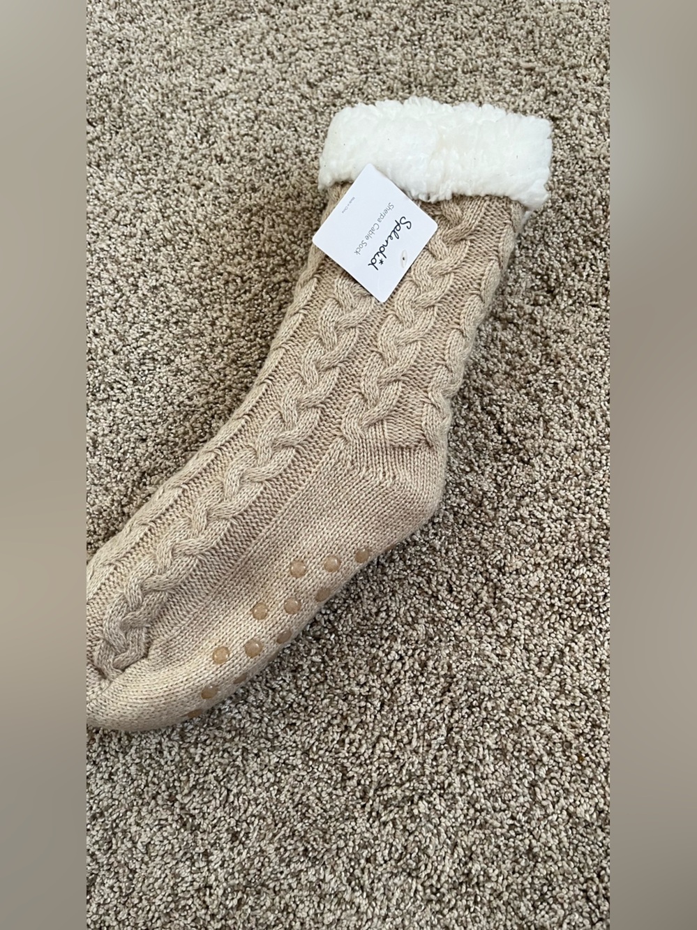 Splendid Beige Cable-Knit Sherpa-Lined Slipper Socks OSFM